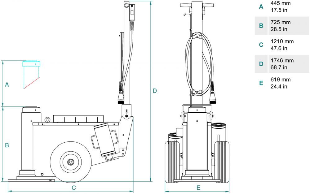 Технические характеристики подкатного гидравлического домкрата Мамонт М100-72 грузоподъемностью 100 тонндля обслуживания спецтехники